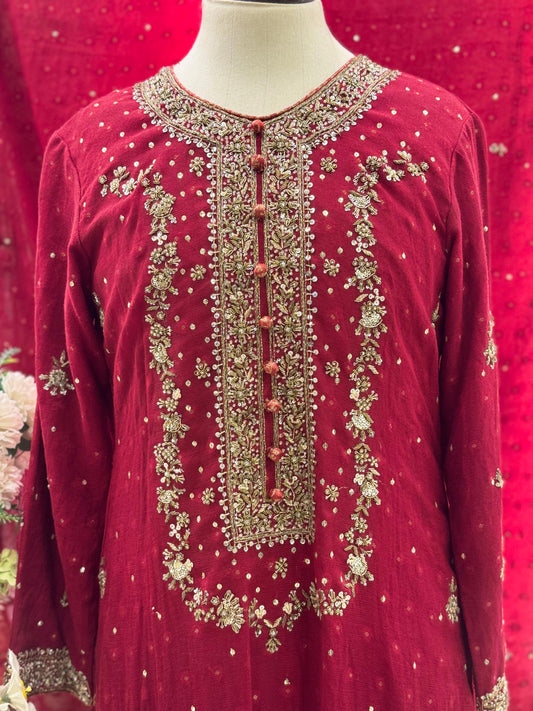 Crimson Royalty – Blood Red Khaadi Net Bridesmaid Dress