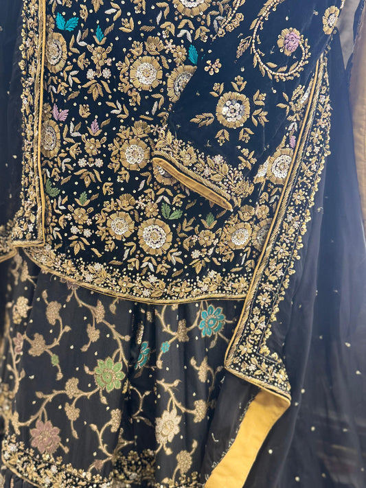Regal Charm – A Handcrafted Black Velvet Bridesmaid Garara with Shiffon Dupatta