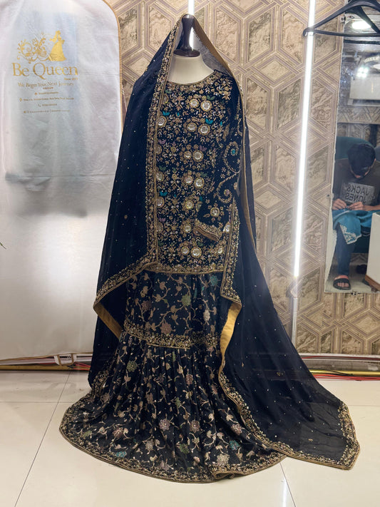 Regal Charm – A Handcrafted Black Velvet Bridesmaid Garara with Shiffon Dupatta