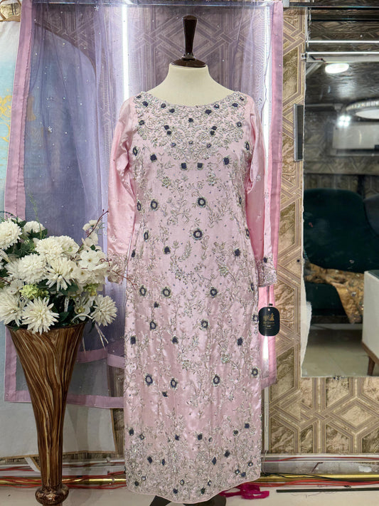 Pastel Majesty – Silk Ensemble with Silver Handwork