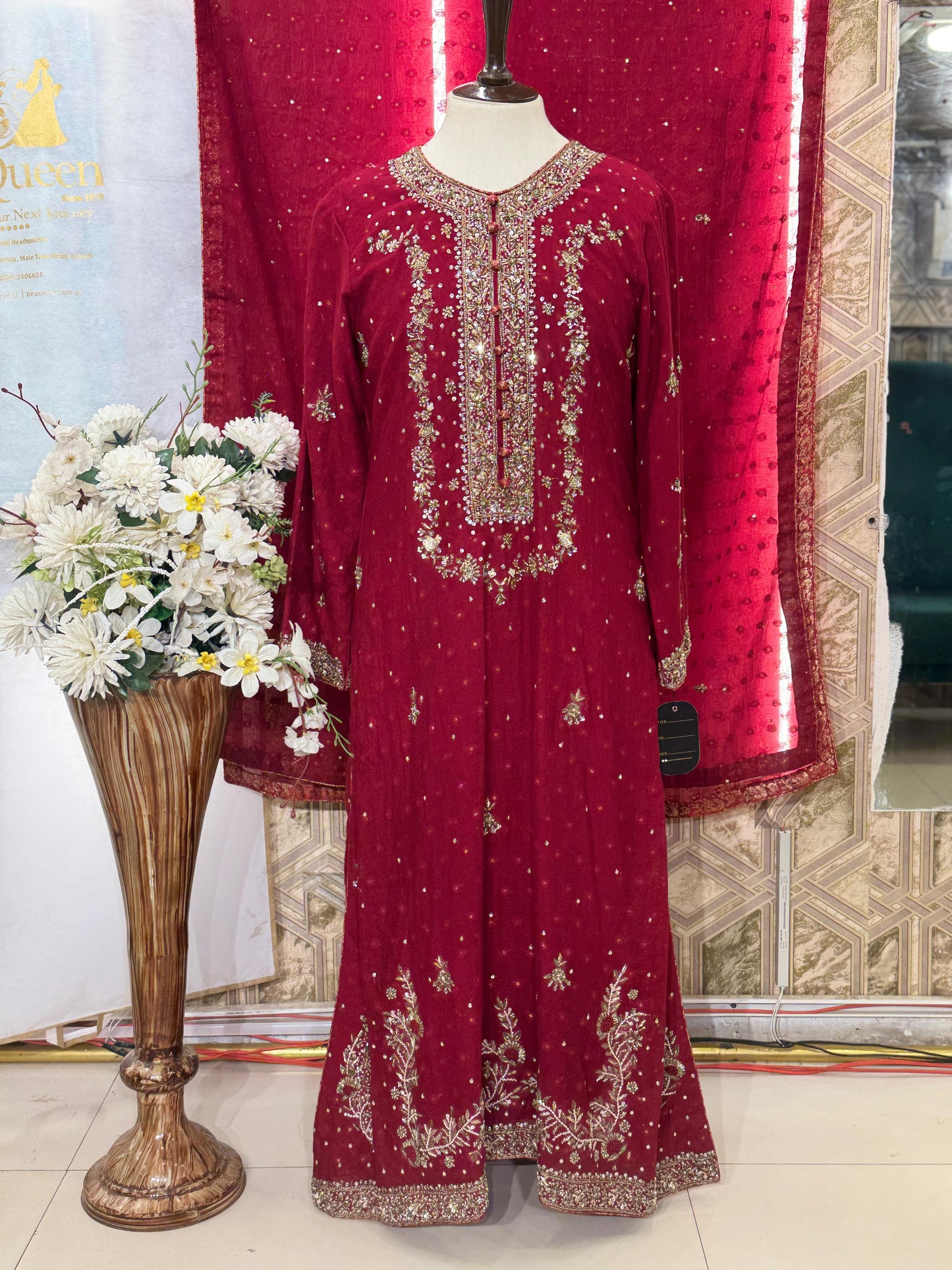 Crimson Royalty – Blood Red Khaadi Net Bridesmaid Dress