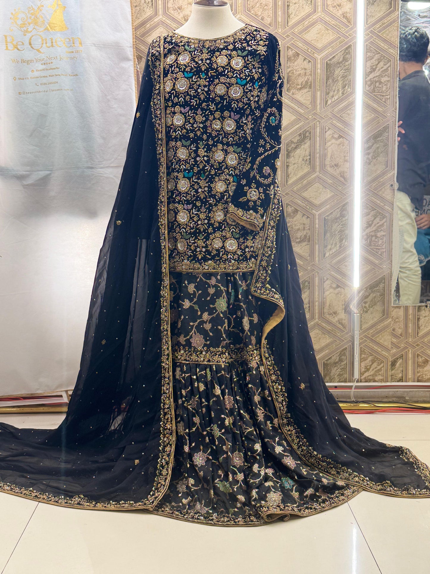 Regal Charm – A Handcrafted Black Velvet Bridesmaid Garara with Shiffon Dupatta