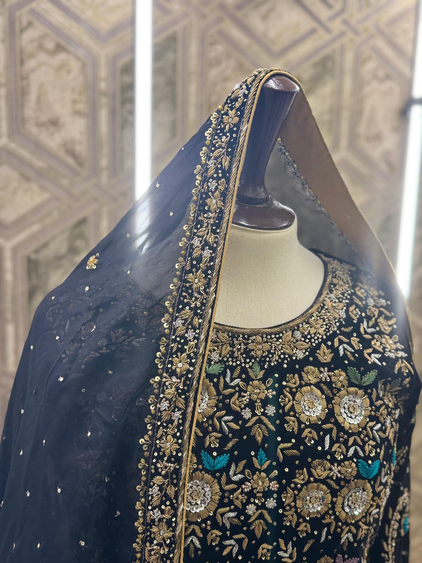 Regal Charm – A Handcrafted Black Velvet Bridesmaid Garara with Shiffon Dupatta