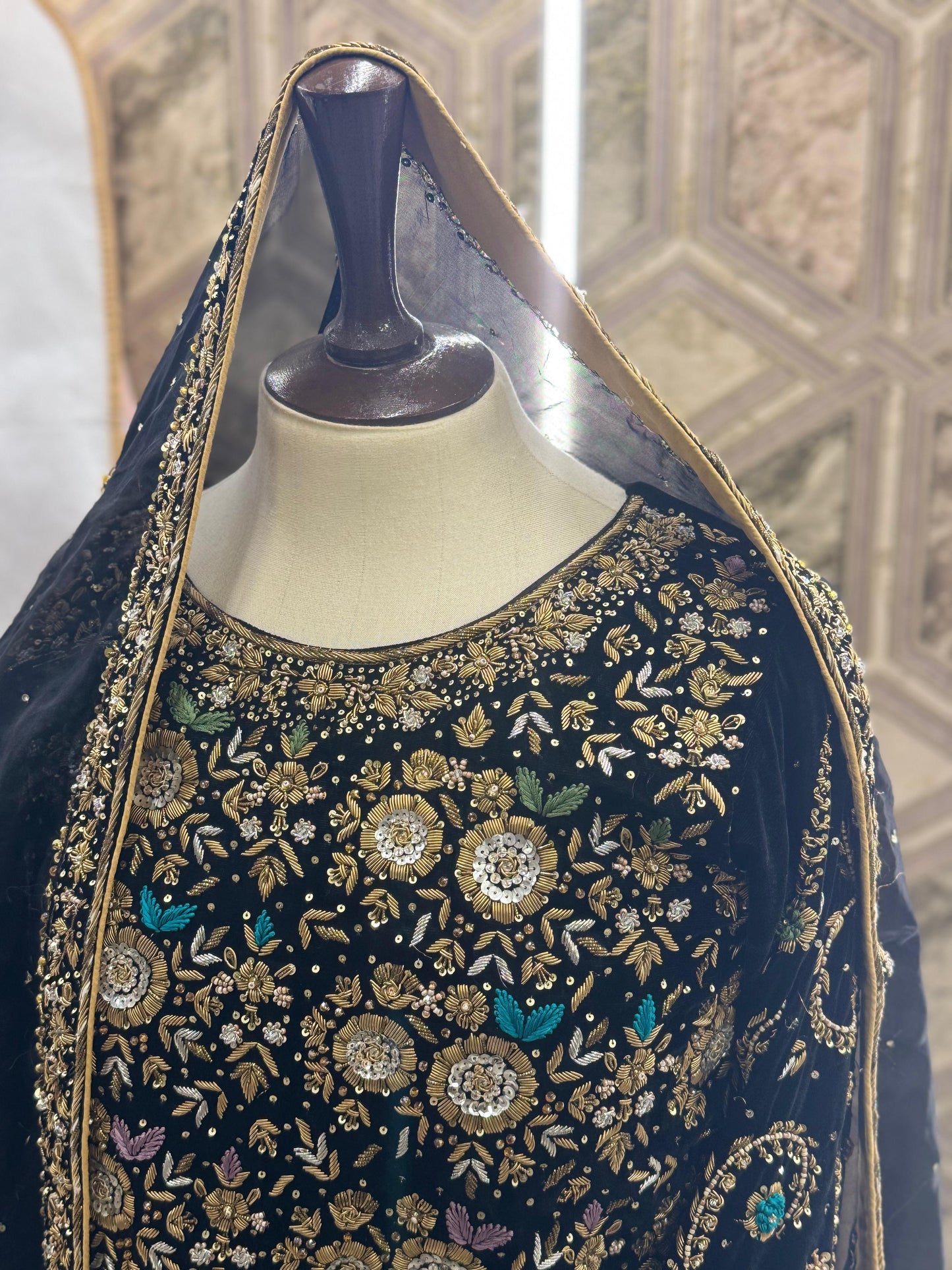 Regal Charm – A Handcrafted Black Velvet Bridesmaid Garara with Shiffon Dupatta